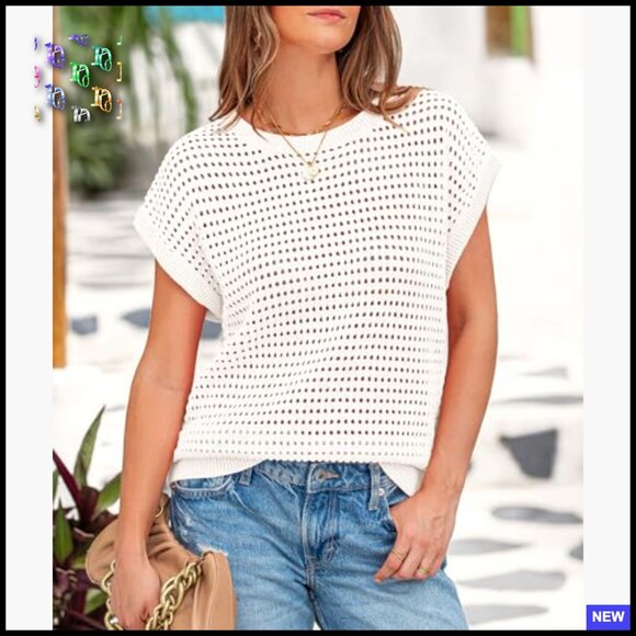 Crochet Cap Sleeve Sweater Pullover Bohemian Loose Fit Summer Top - Picture 6 of 7